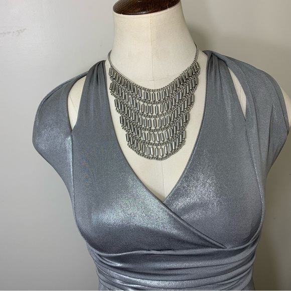 VINTAGE Silver Gray Maxi Dress Halter Straps Metallic Cinched Festive Gown XS/S - Picture 9 of 11